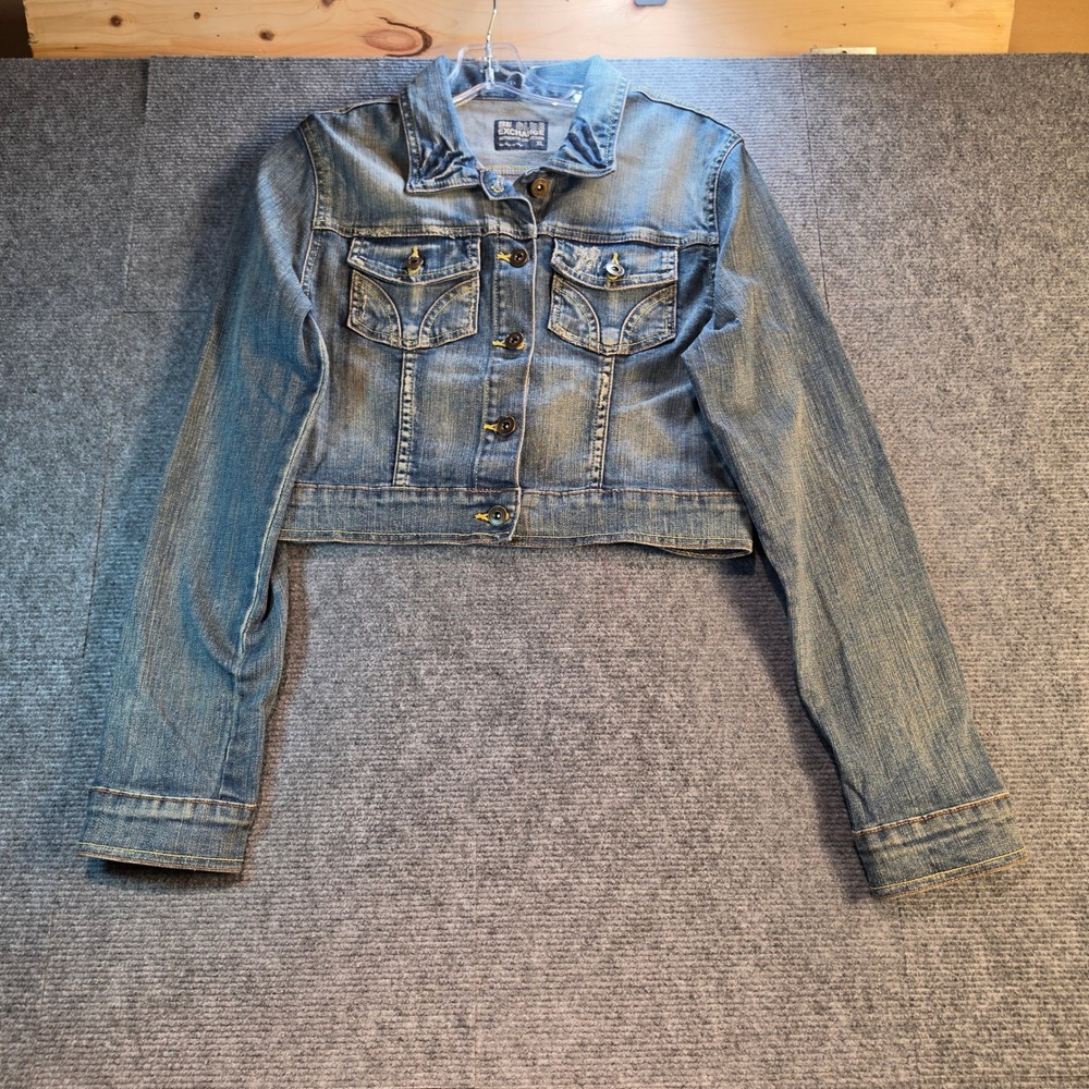 Be Blue Exchange Denim Jacket Womens XL Blue Good Floral Patchwork Cropped Y2K